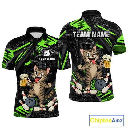 Custom Green Funny Cat Bowling Shirt Bowling Team Jersey for Men QZT1298