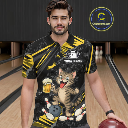Custom Yellow Funny Cat Bowling Shirt Bowling Team Jersey for Men QZT1298