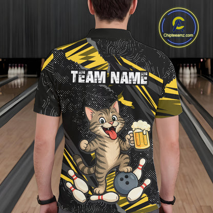 Custom Yellow Funny Cat Bowling Shirt Bowling Team Jersey for Men QZT1298