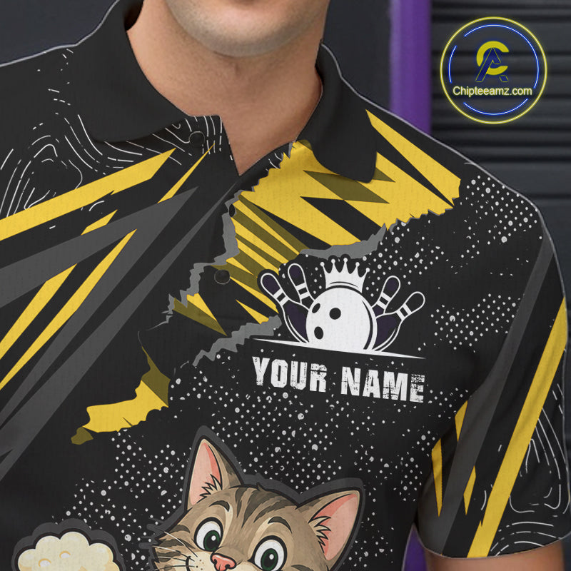 Custom Yellow Funny Cat Bowling Shirt Bowling Team Jersey for Men QZT1298