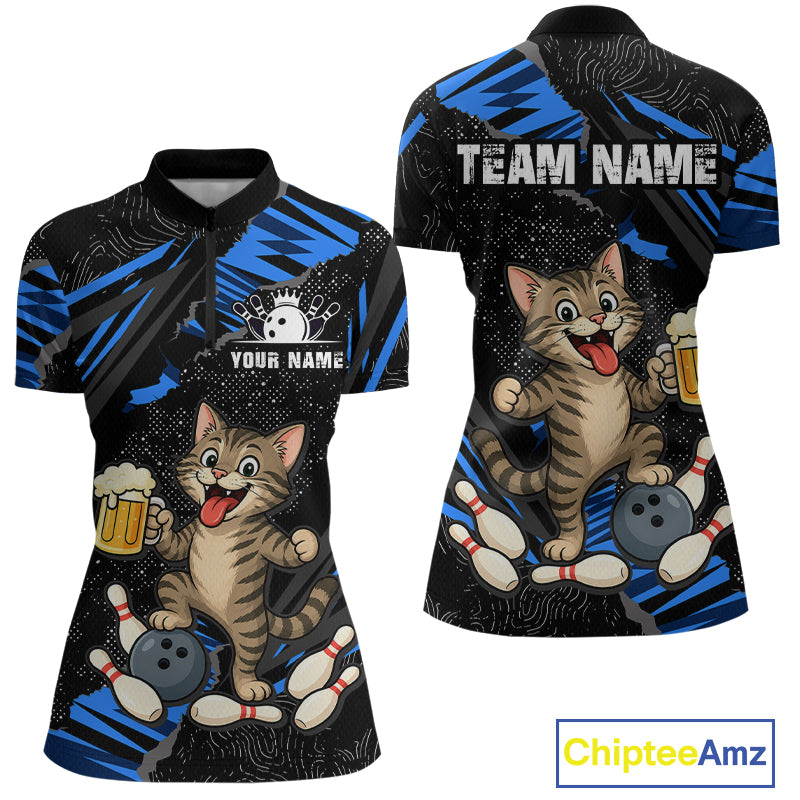 Custom Blue Funny Cat Bowling Shirt Bowling League Jersey for Women QZT1298
