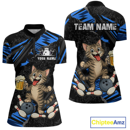 Custom Blue Funny Cat Bowling Shirt Bowling League Jersey for Women QZT1298