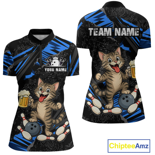 Custom Blue Funny Cat Bowling Shirt Bowling League Jersey for Women QZT1298
