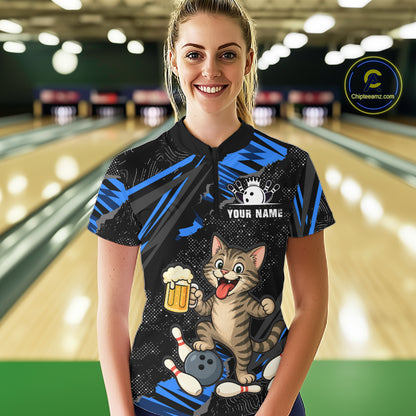 Custom Blue Funny Cat Bowling Shirt Bowling League Jersey for Women QZT1298