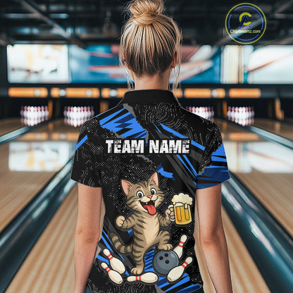 Custom Blue Funny Cat Bowling Shirt Bowling League Jersey for Women QZT1298