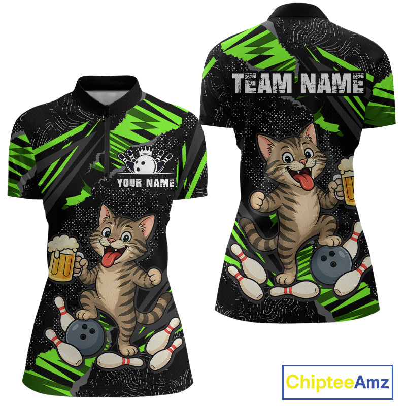 Custom Green Funny Cat Bowling Shirt Bowling Team Jersey for Women QZT1298
