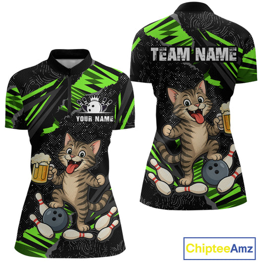 Custom Green Funny Cat Bowling Shirt Bowling Team Jersey for Women QZT1298