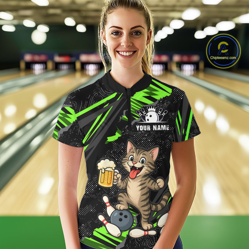Custom Green Funny Cat Bowling Shirt Bowling Team Jersey for Women QZT1298