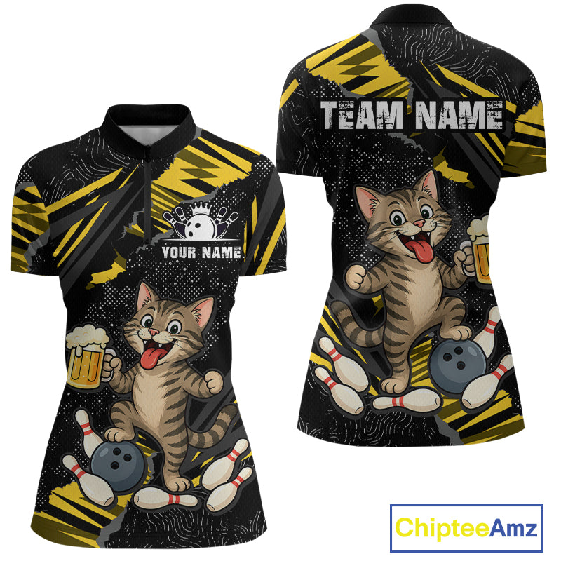 Custom Yellow Funny Cat Bowling Shirt Bowling Team Jersey for Women QZT1298