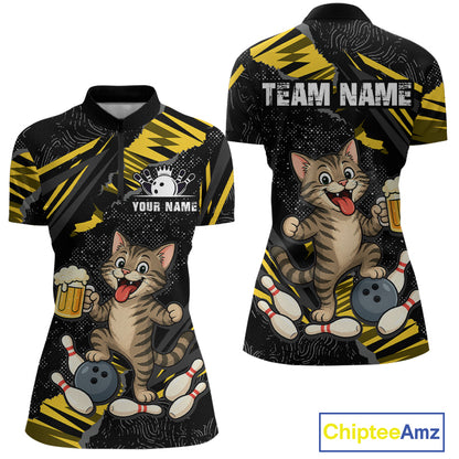 Custom Yellow Funny Cat Bowling Shirt Bowling Team Jersey for Women QZT1298
