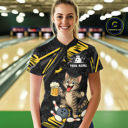 Custom Yellow Funny Cat Bowling Shirt Bowling Team Jersey for Women QZT1298