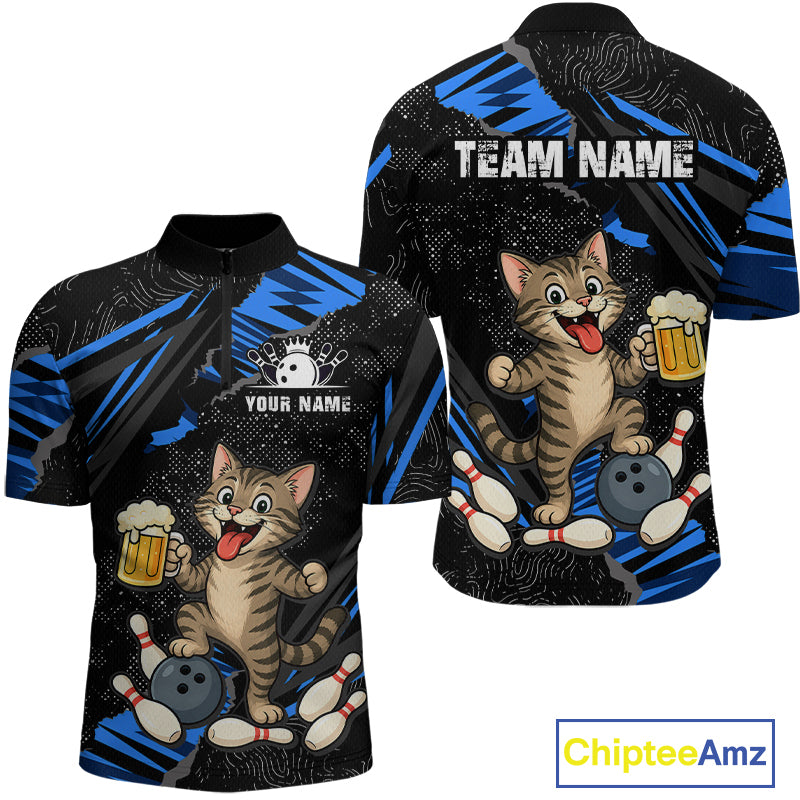 Custom Blue Funny Cat Bowling Shirt Bowling League Jersey for Men QZT1298