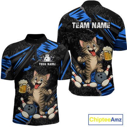 Custom Blue Funny Cat Bowling Shirt Bowling League Jersey for Men QZT1298