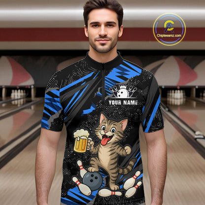 Custom Blue Funny Cat Bowling Shirt Bowling League Jersey for Men QZT1298