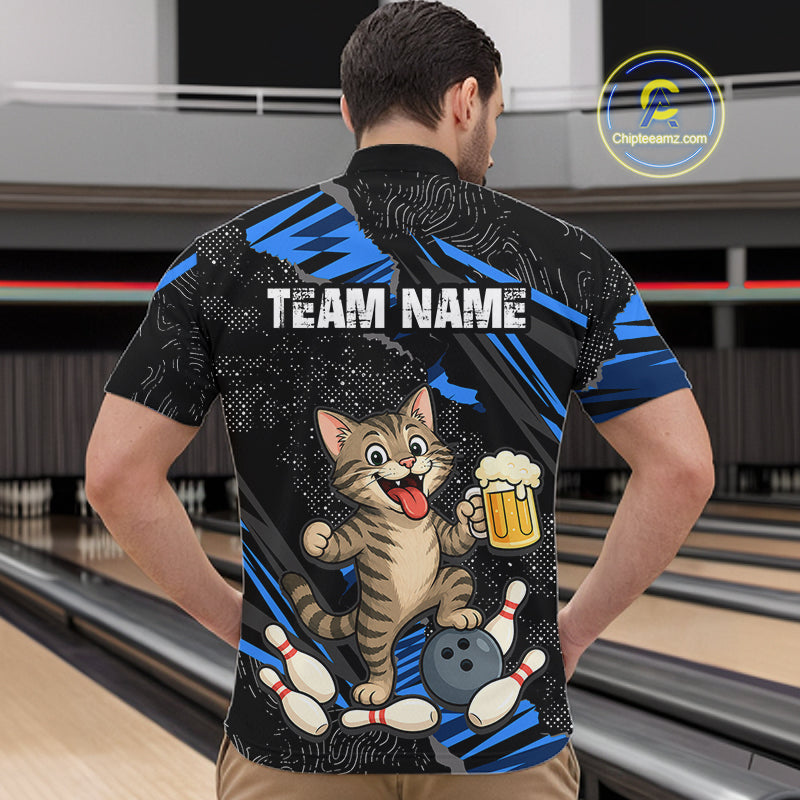 Custom Blue Funny Cat Bowling Shirt Bowling League Jersey for Men QZT1298