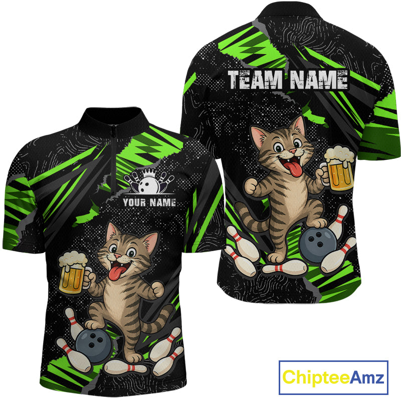 Custom Green Funny Cat Bowling Shirt Bowling Team Jersey for Men QZT1298