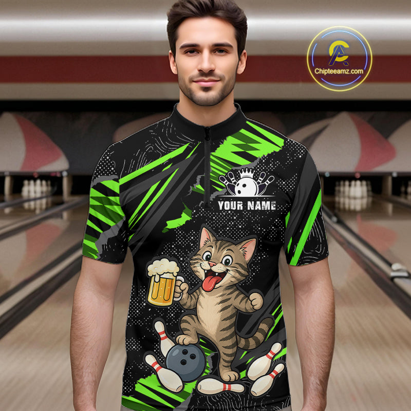Custom Green Funny Cat Bowling Shirt Bowling Team Jersey for Men QZT1298