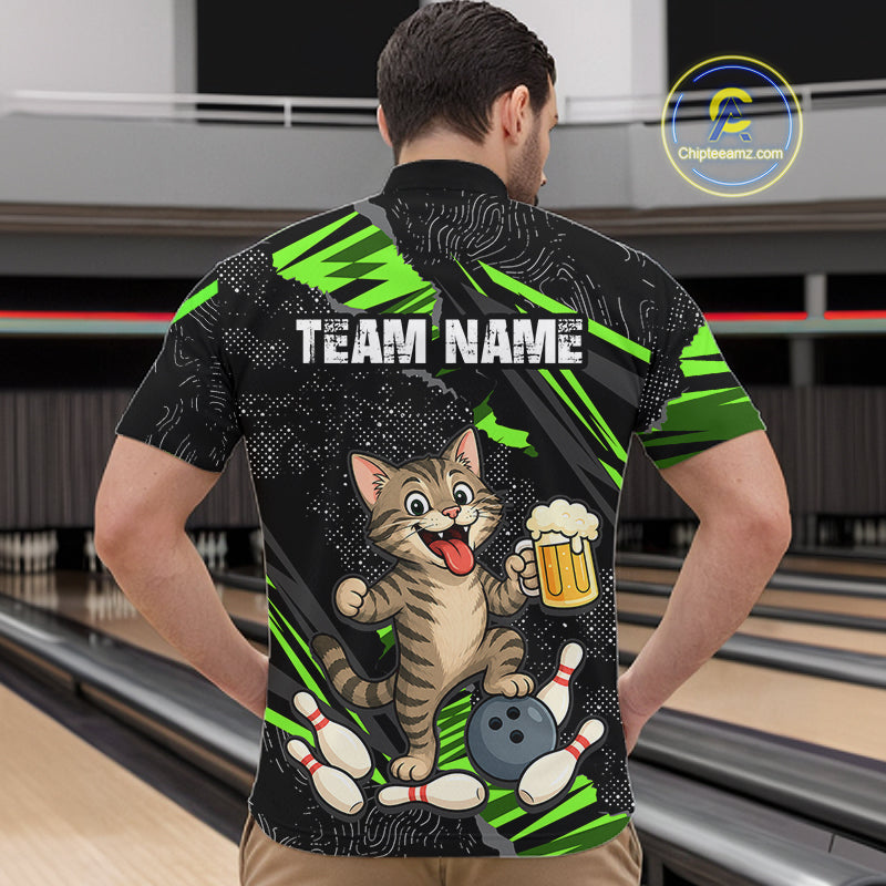 Custom Green Funny Cat Bowling Shirt Bowling Team Jersey for Men QZT1298