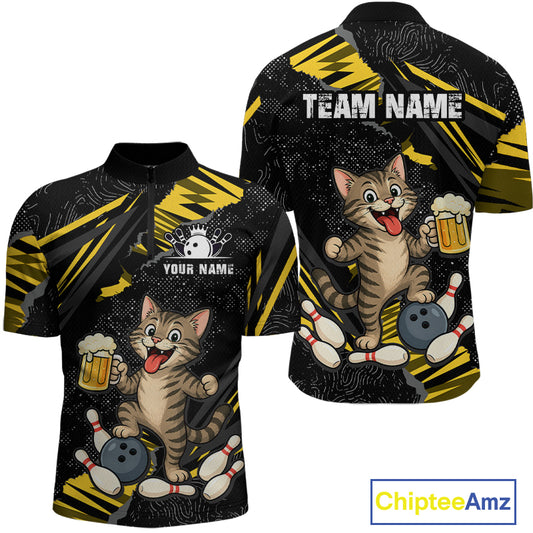 Custom Yellow Funny Cat Bowling Shirt Bowling Team Jersey for Men QZT1298