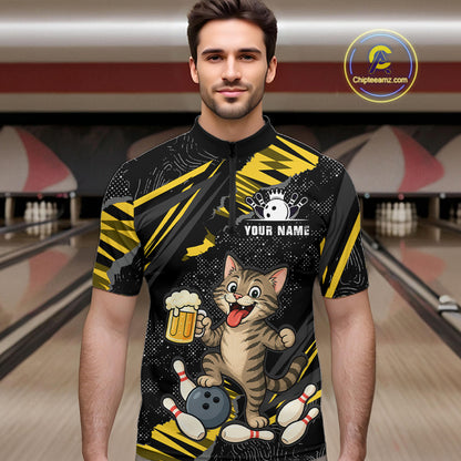 Custom Yellow Funny Cat Bowling Shirt Bowling Team Jersey for Men QZT1298