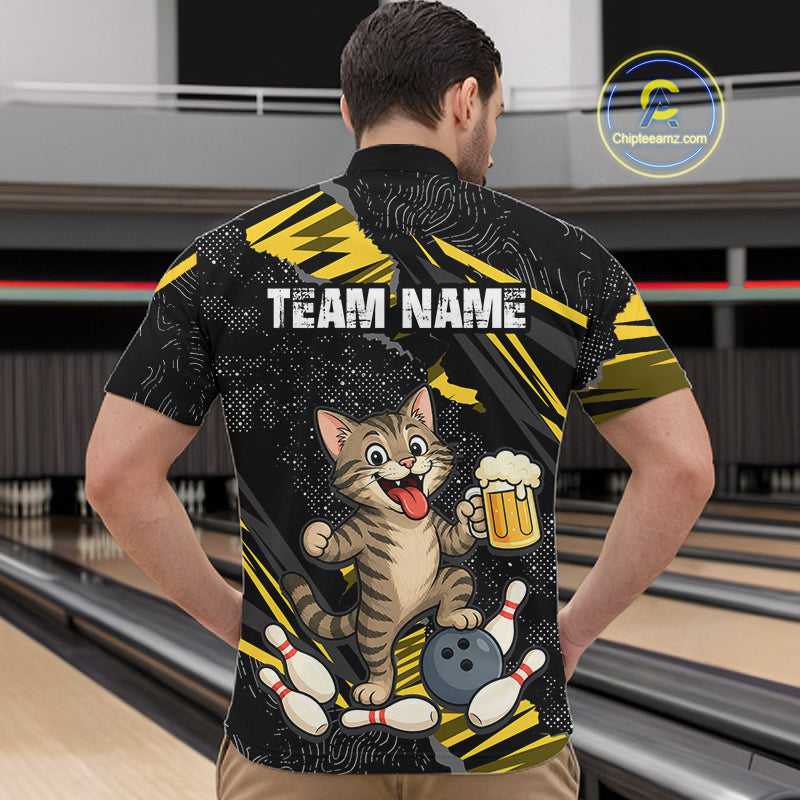Custom Yellow Funny Cat Bowling Shirt Bowling Team Jersey for Men QZT1298
