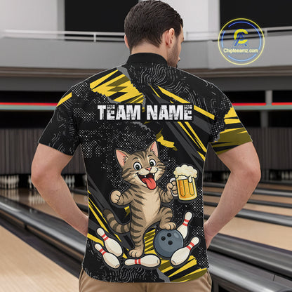 Custom Yellow Funny Cat Bowling Shirt Bowling Team Jersey for Men QZT1298