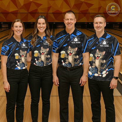 Custom Blue Funny Cat Bowling Shirt Bowling League Jersey for Men QZT1298