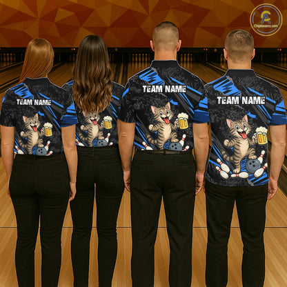 Custom Blue Funny Cat Bowling Shirt Bowling League Jersey for Men QZT1298