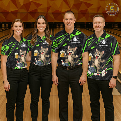 Custom Green Funny Cat Bowling Shirt Bowling Team Jersey for Men QZT1298