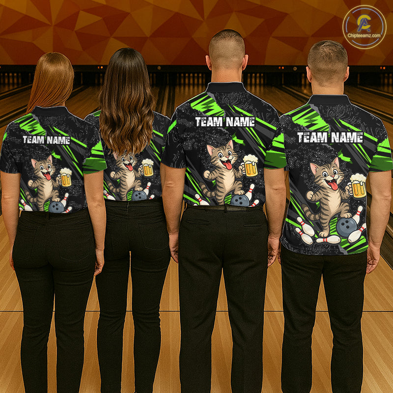 Custom Green Funny Cat Bowling Shirt Bowling Team Jersey for Men QZT1298
