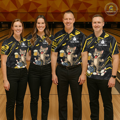 Custom Yellow Funny Cat Bowling Shirt Bowling Team Jersey for Men QZT1298