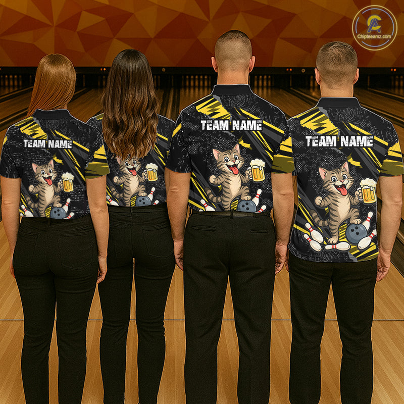 Custom Yellow Funny Cat Bowling Shirt Bowling Team Jersey for Men QZT1298