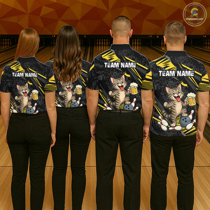 Custom Yellow Funny Cat Bowling Shirt Bowling Team Jersey for Men QZT1298