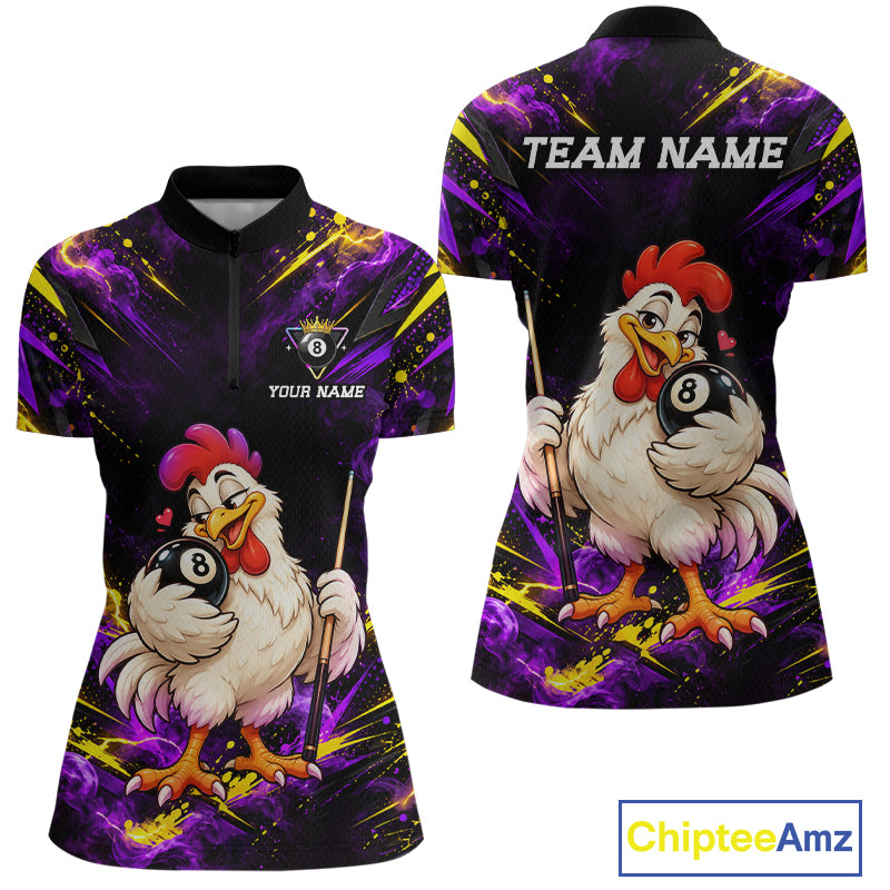 Custom Funny Chicken Billiard Shirt for Women 8 Ball Rooster Billiard Team Jersey Polo & Quarter-Zip BHT161