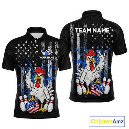 Custom Bowling Shirt American Flag for Men Funny Chicken Bowling Jersey Polo & Quarter-Zip QZT1365