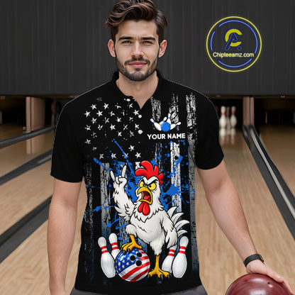 Custom Bowling Shirt American Flag for Men Funny Chicken Bowling Jersey Polo & Quarter-Zip QZT1365