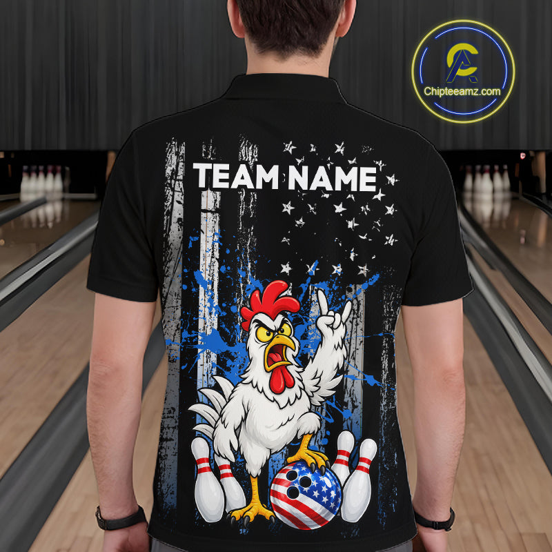 Custom Bowling Shirt American Flag for Men Funny Chicken Bowling Jersey Polo & Quarter-Zip QZT1365