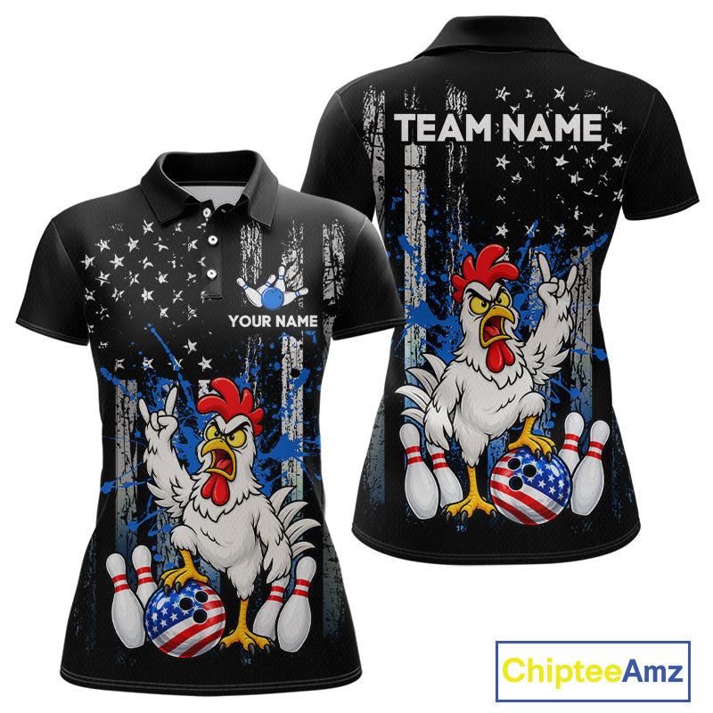 Custom Bowling Shirt American Flag for Women Funny Chicken Bowling Jersey Polo & Quarter-Zip QZT1365