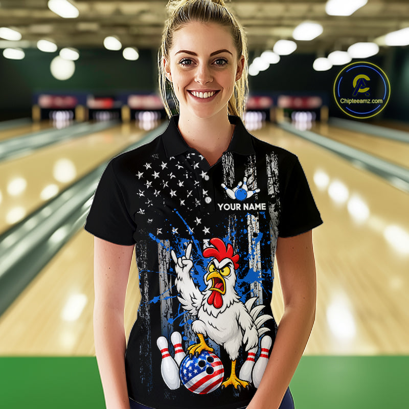 Custom Bowling Shirt American Flag for Women Funny Chicken Bowling Jersey Polo & Quarter-Zip QZT1365