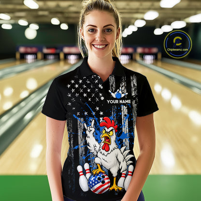 Custom Bowling Shirt American Flag for Women Funny Chicken Bowling Jersey Polo & Quarter-Zip QZT1365