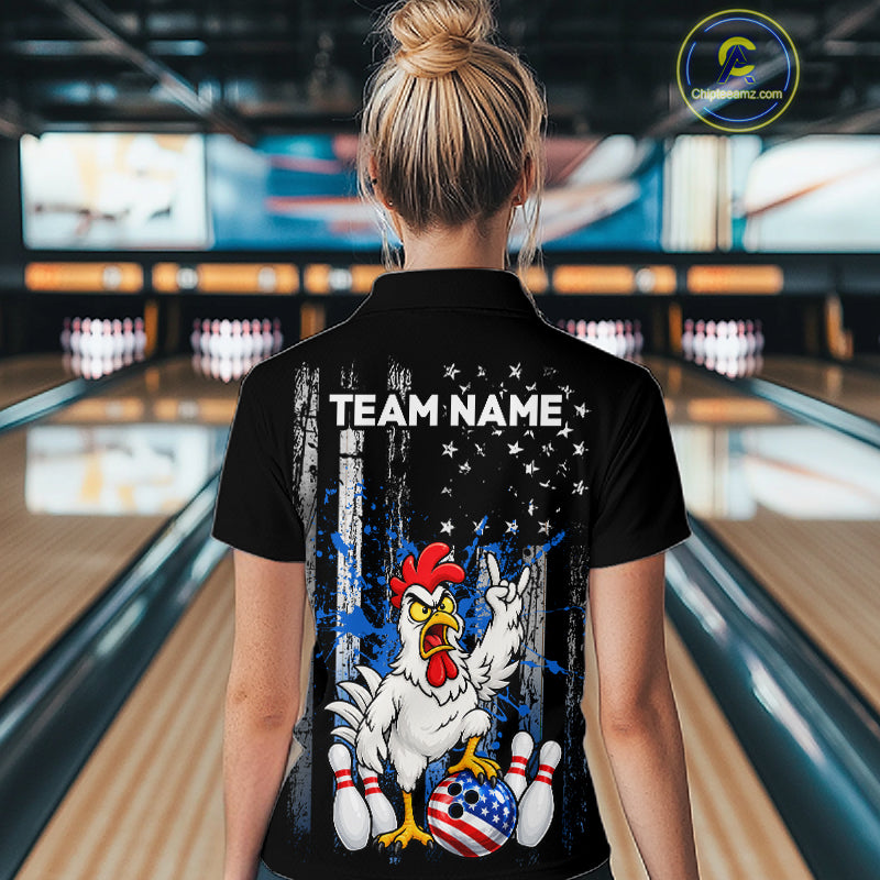 Custom Bowling Shirt American Flag for Women Funny Chicken Bowling Jersey Polo & Quarter-Zip QZT1365