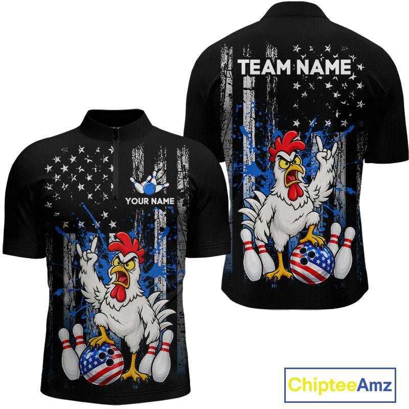 Custom Bowling Shirt American Flag for Men Funny Chicken Bowling Jersey Polo & Quarter-Zip QZT1365