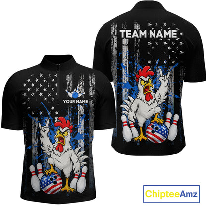 Custom Bowling Shirt American Flag for Men Funny Chicken Bowling Jersey Polo & Quarter-Zip QZT1365