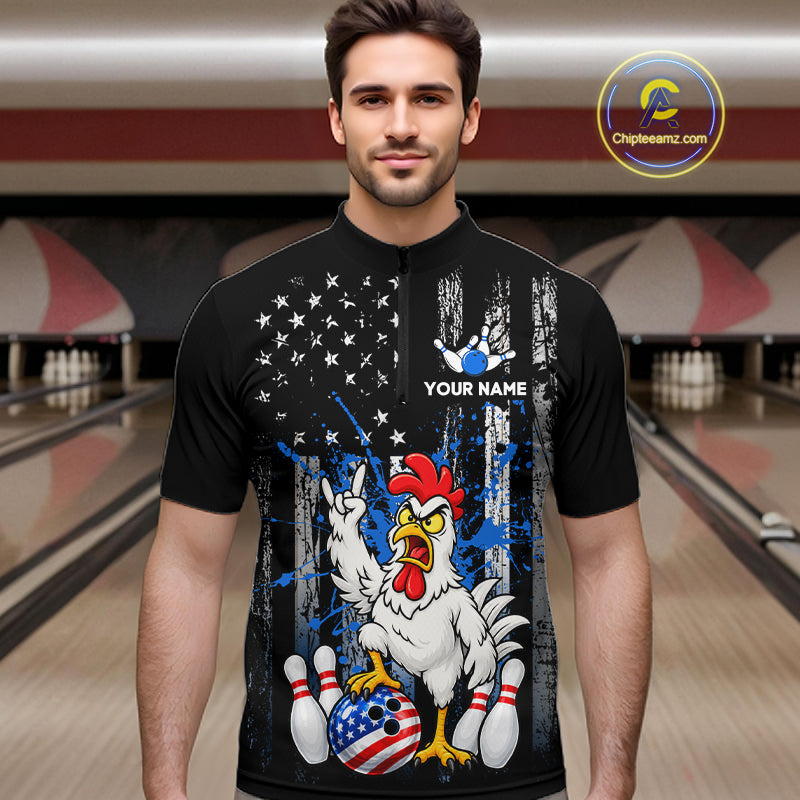 Custom Bowling Shirt American Flag for Men Funny Chicken Bowling Jersey Polo & Quarter-Zip QZT1365