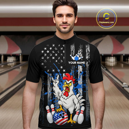 Custom Bowling Shirt American Flag for Men Funny Chicken Bowling Jersey Polo & Quarter-Zip QZT1365