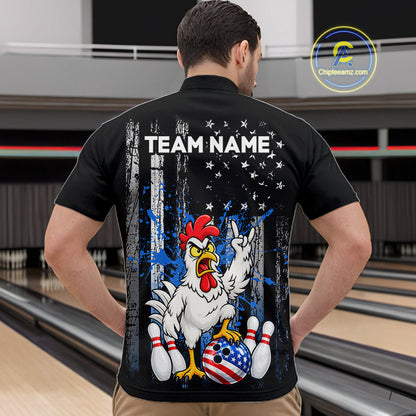 Custom Bowling Shirt American Flag for Men Funny Chicken Bowling Jersey Polo & Quarter-Zip QZT1365