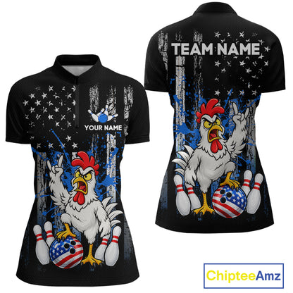 Custom Bowling Shirt American Flag for Women Funny Chicken Bowling Jersey Polo & Quarter-Zip QZT1365