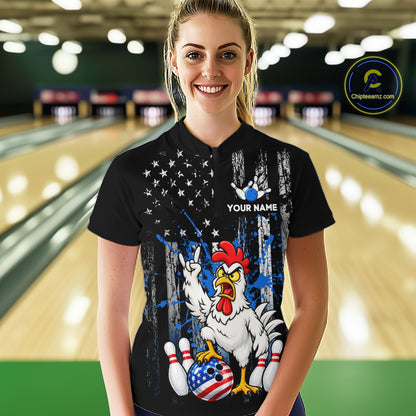 Custom Bowling Shirt American Flag for Women Funny Chicken Bowling Jersey Polo & Quarter-Zip QZT1365