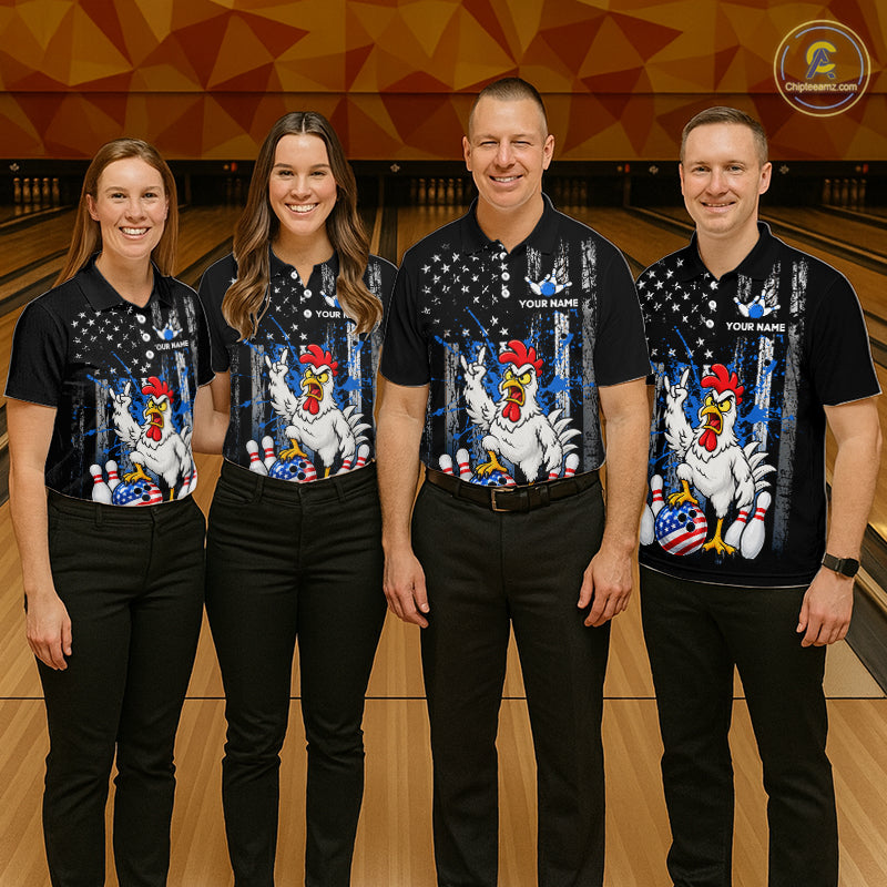 Custom Bowling Shirt American Flag for Men Funny Chicken Bowling Jersey Polo & Quarter-Zip QZT1365