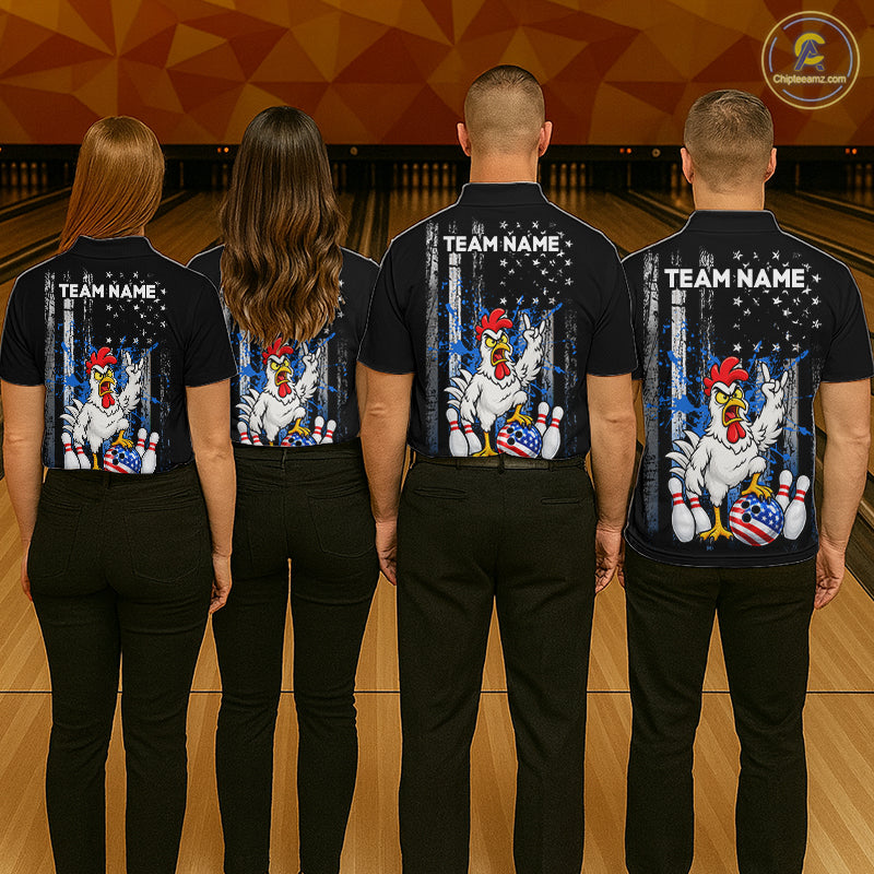 Custom Bowling Shirt American Flag for Men Funny Chicken Bowling Jersey Polo & Quarter-Zip QZT1365